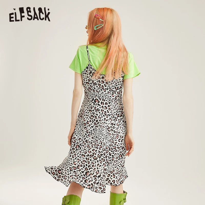 ELF SACK/хлопковый пуловер с принтом-надписью и Леопардовый ремешок платье 2019 летняя