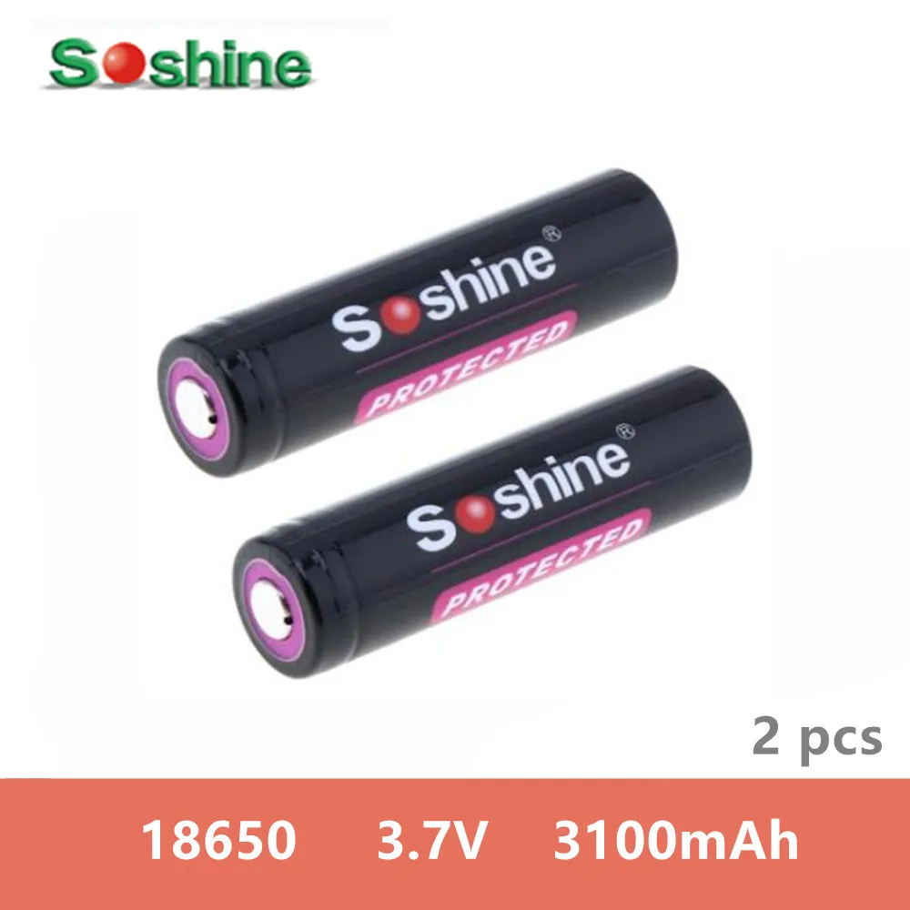 2 шт Soshine 18650 3 7 V 3100 mAh литий ионная перезаряжаемая батарея с защищенной панелью