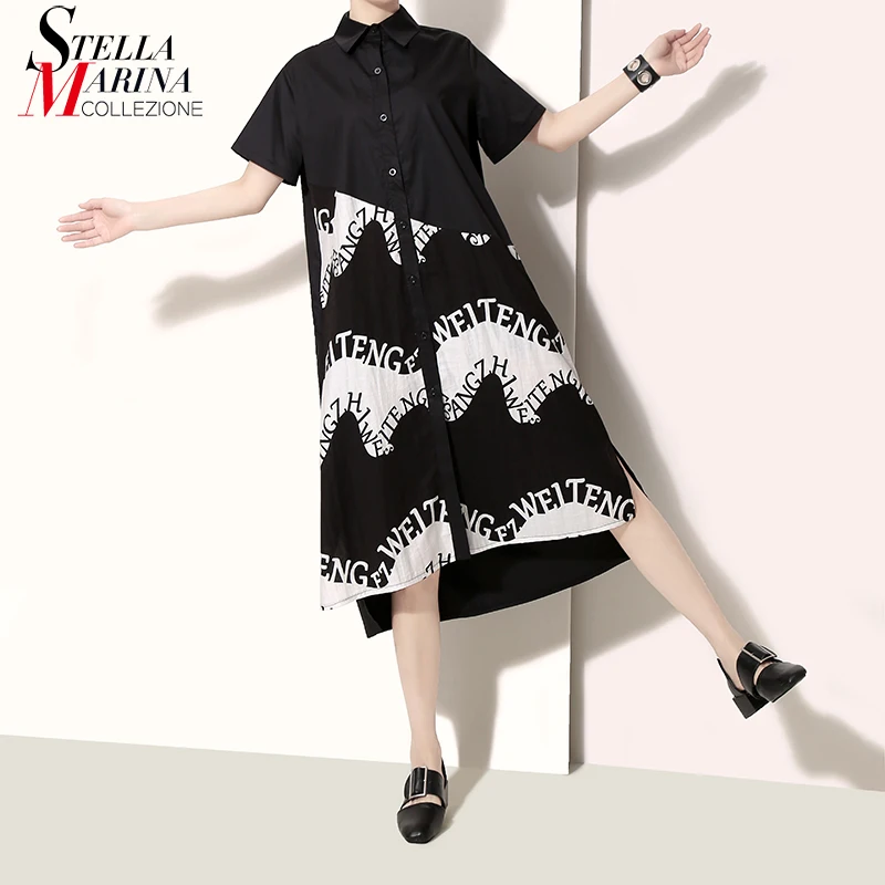 Новинка 2019 корейский стиль женское летнее черное платье миди с принтом и