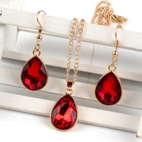 1 set rose gold water drop pendant necklace earrings fashion jewelry red