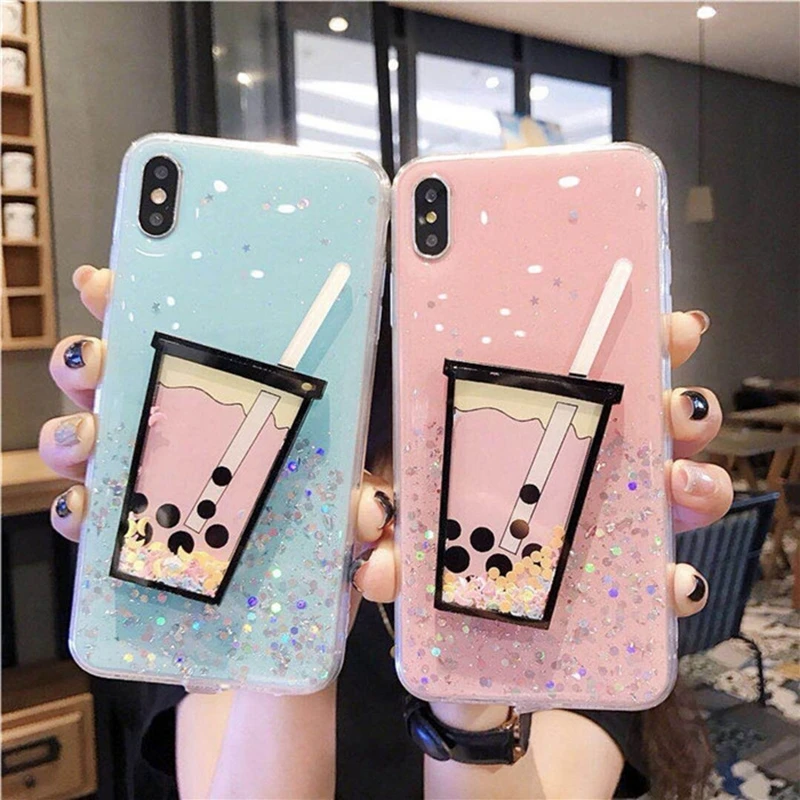 Модный прозрачный цветной блестящий чехол для телефона iPhone X XR XS Max 3D молочный чай