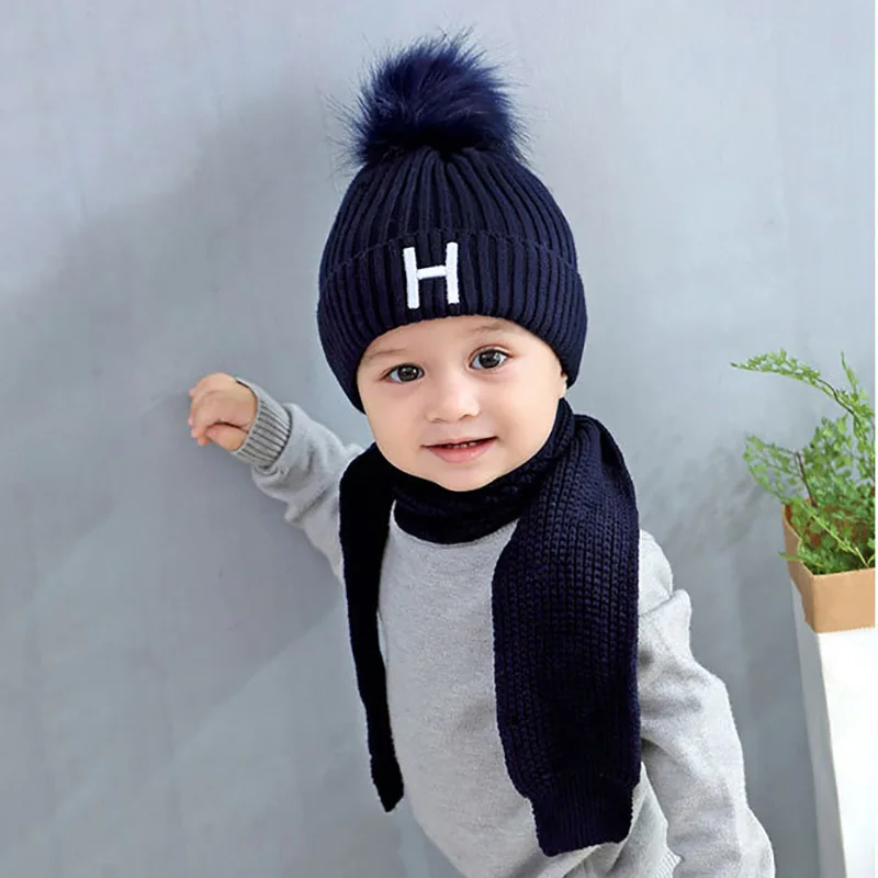 coffee hat and scarf Модный комплект одежды из 2 шт./компл. Детские зимние штаны набор шапки и шарфа, головные уборы для малышей с шарик-помпон шапочки, шапки-бини, вязаная зимняя теплая куртка для детей, Кепки набор - Цвет: coffee hat and scarf