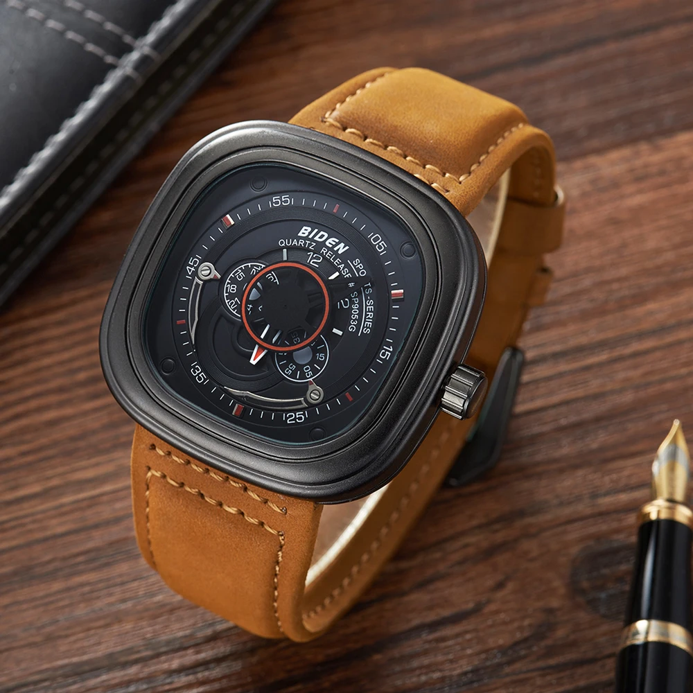 

BIDEN Men Watch Quartz Analog Tourbillon Genuine Leather Band Wristwatch Square Waterproof Sports Watches Gift relogio masculino