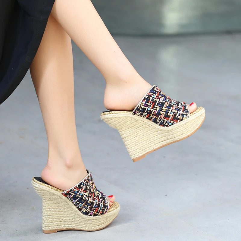 

WETKISS High Heels Slippers Women Peep Toe Footwear Small Fragrance Slides Shoes Female Wedges Straw Weave Platform Shoes Woman