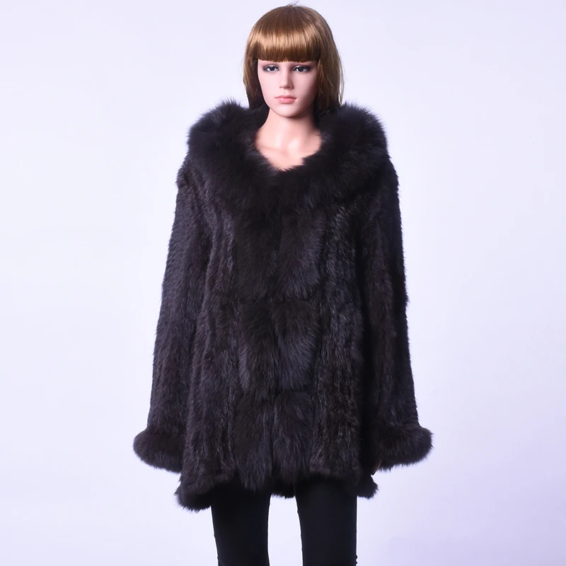 QIUSIDUN Real Rabbit Fur Knit Woman's Winter Fox Fur Collar Coat Casual long-sleeved Fox Cuff Long Large Size Jacket  fur coats