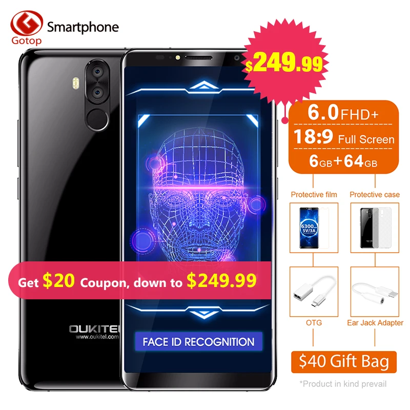 Oukitel K6 18:9 Дисплей 6 0 &quotFace ID мобильного телефона MT6763 Octa Core г Оперативная память 64G