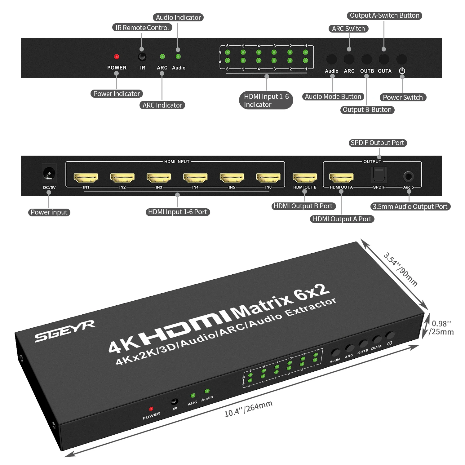 6x2 HDMI матричный коммутатор 4K x 2K 6 in 2 out HDMI Матричные мониторы сплиттер коммутатор с пультом дистанционного управления SPDIF+ 3,5 мм аудио экстрактор