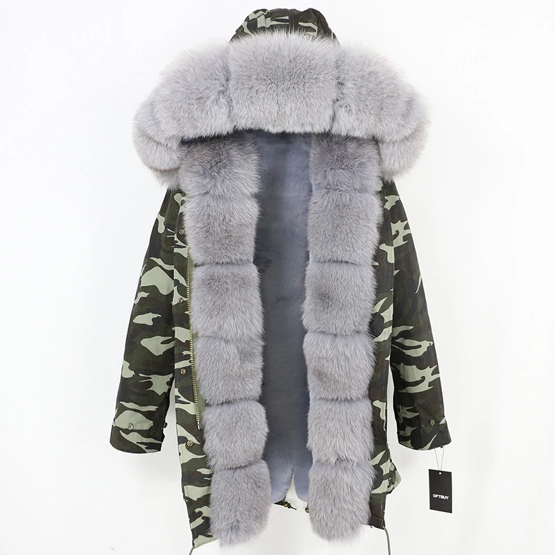 green camo grey OFTBUY длинная парка, пальто с натуральным мехом, зимняя куртка для женщин, Воротник из натурального Лисьего меха, Толстая теплая брендовая Роскошная Съемная уличная одежда - Цвет: green camo grey