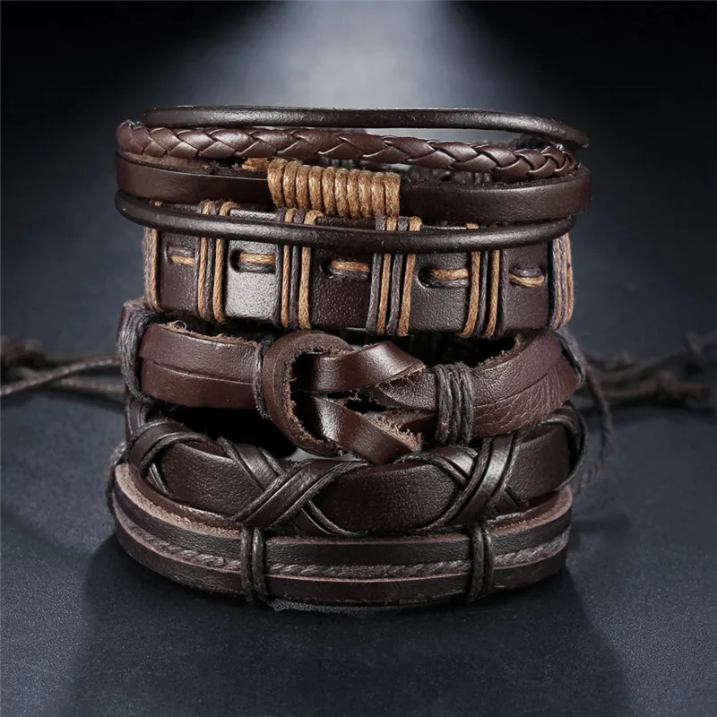 IF ME Vintage Brown Wrap Punk Leather Bracelet For Men Woman New Round Multiple Braided Bracelets Fashion Jewelry Gift | Украшения и