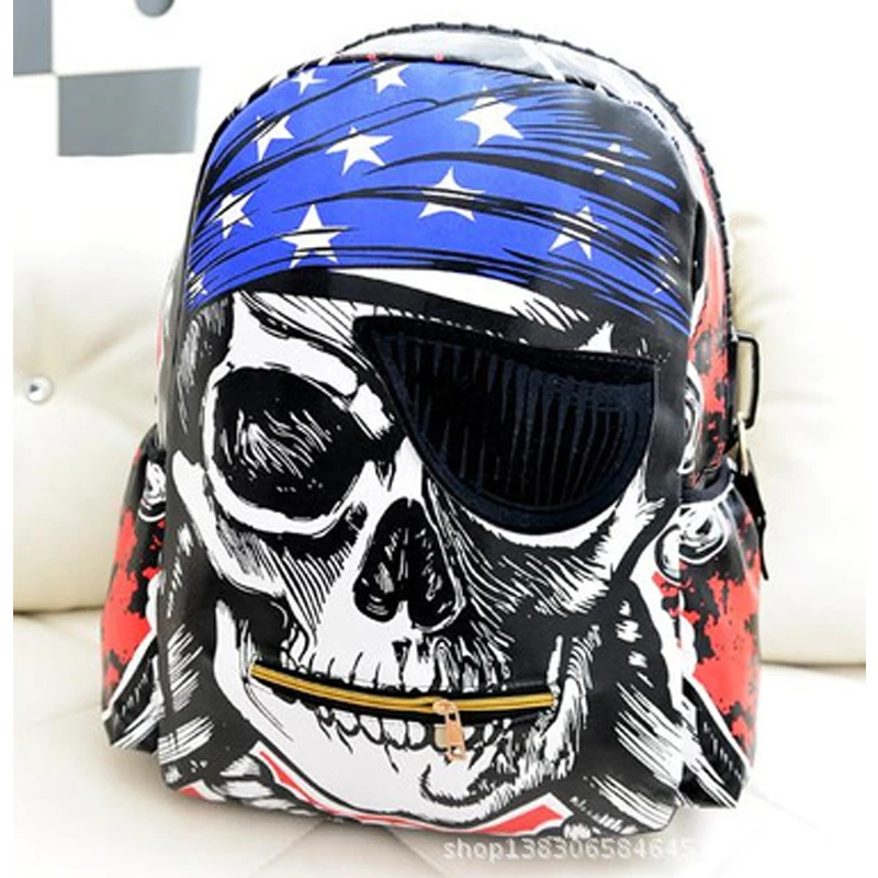 

SJ Women Backpack Preppy Style Schoolbag Travel Bag Totes USA Flag Style Handicraft Design Art Cartoon Print Pirate Skull Head