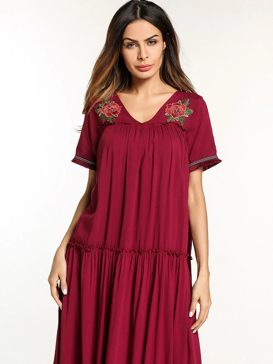 Цвет красного вина женское Повседневное платье Винтаж кисточкой цветок вышивка