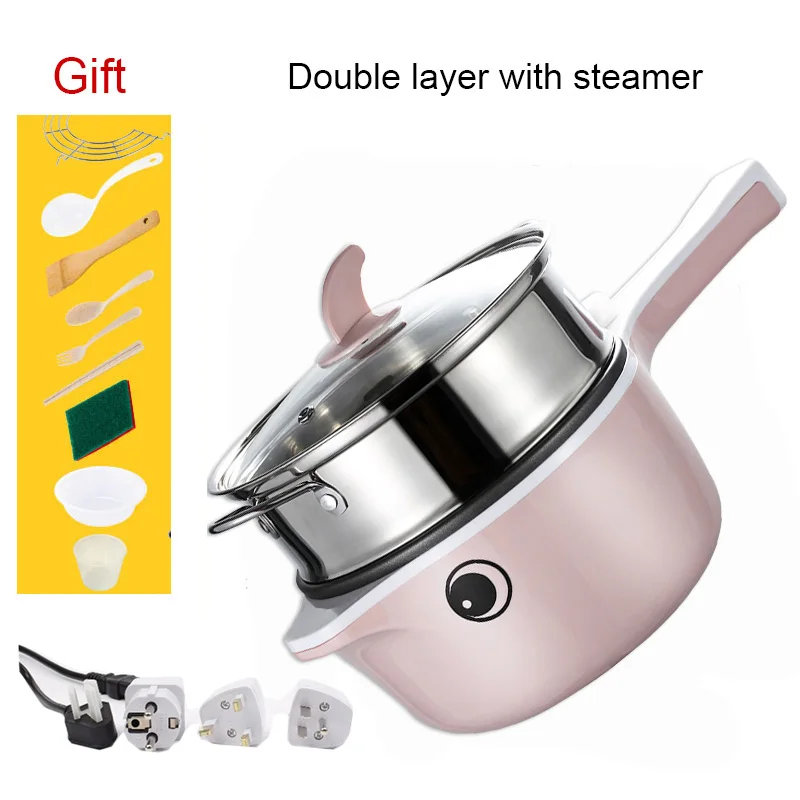 Pink with steamer 220 В многофункциональная электрическая плита с подогревом, электрическая кастрюля для приготовления пищи, машина для приготовления лапши, яиц, супа, пароварка, Мини рисоварка - Цвет: Pink with steamer