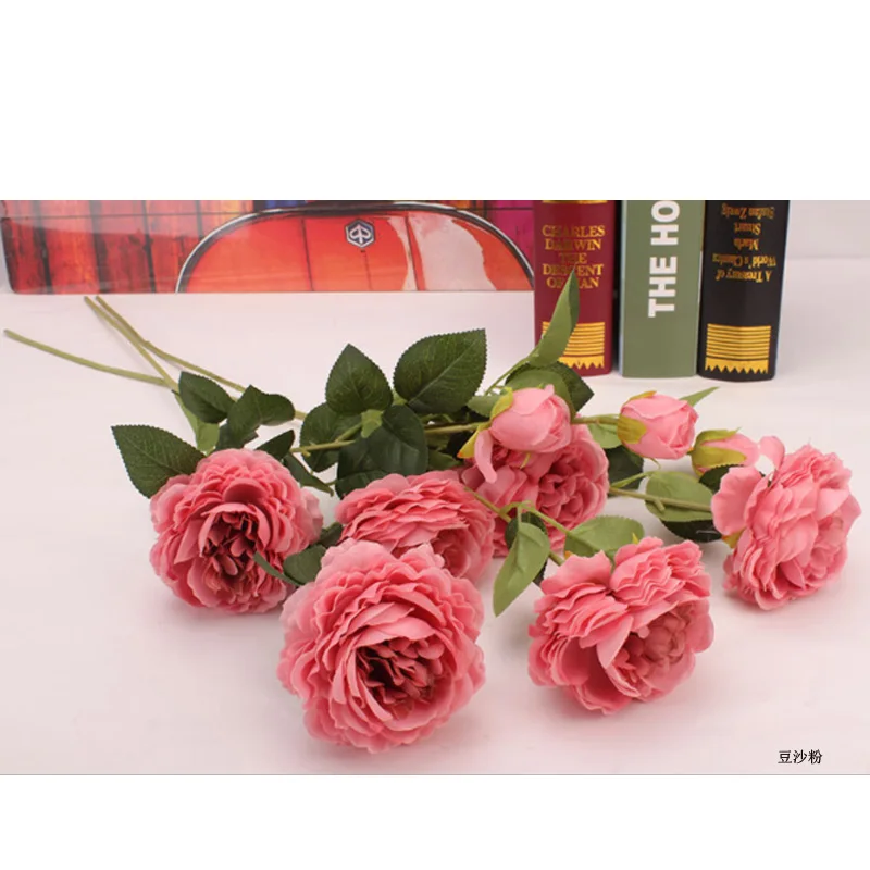 Темно-розовый 1PCS 3 Heads Fake Flowers Artificial Silk Bridal Wedding Decoration Wreath Bunch Home Decor Artificial Flowers Peony Real Touch - Цвет: Темно-розовый