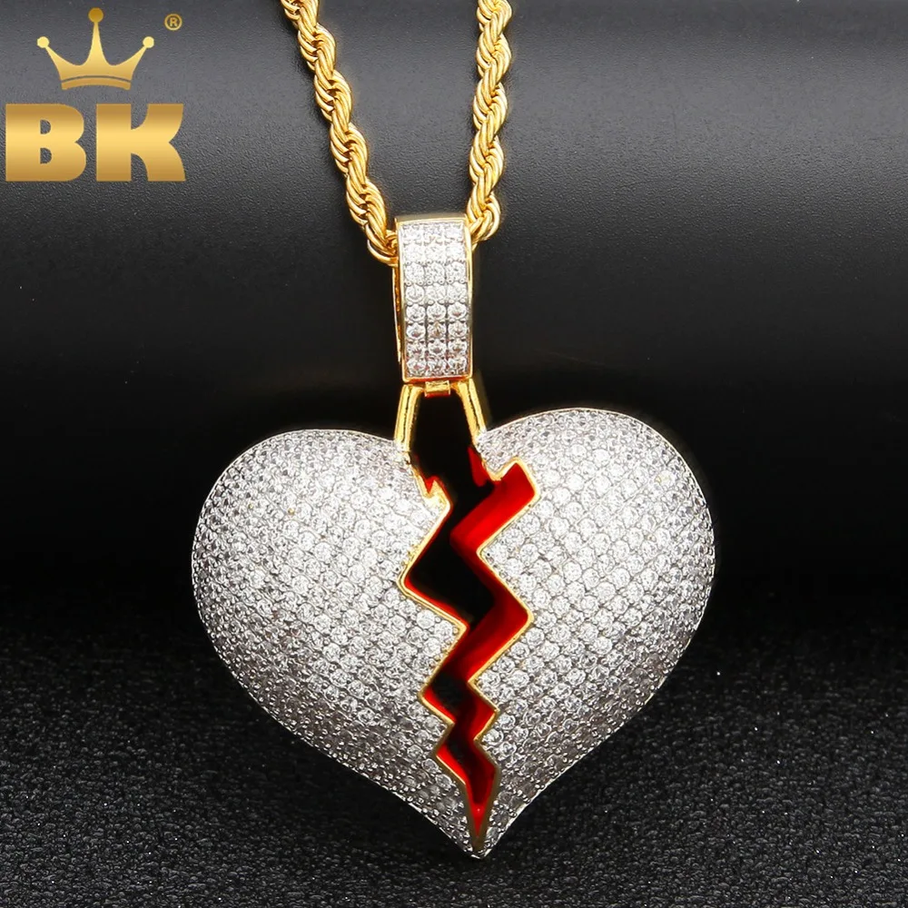 

Iced Out Broke Heart Necklace Pendant Cubic Zirconia Gold Silver Color With Rope Chain Hiphop Jewelry Gifts For Men Women