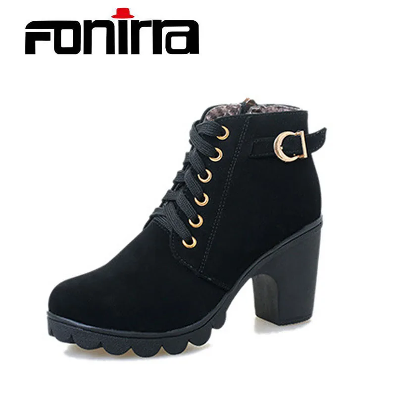 FONIRRA High Quality Women Boots PU Leather Winter Ankle Pumps Ladies Lace-up Heel Shoes 240 | Обувь