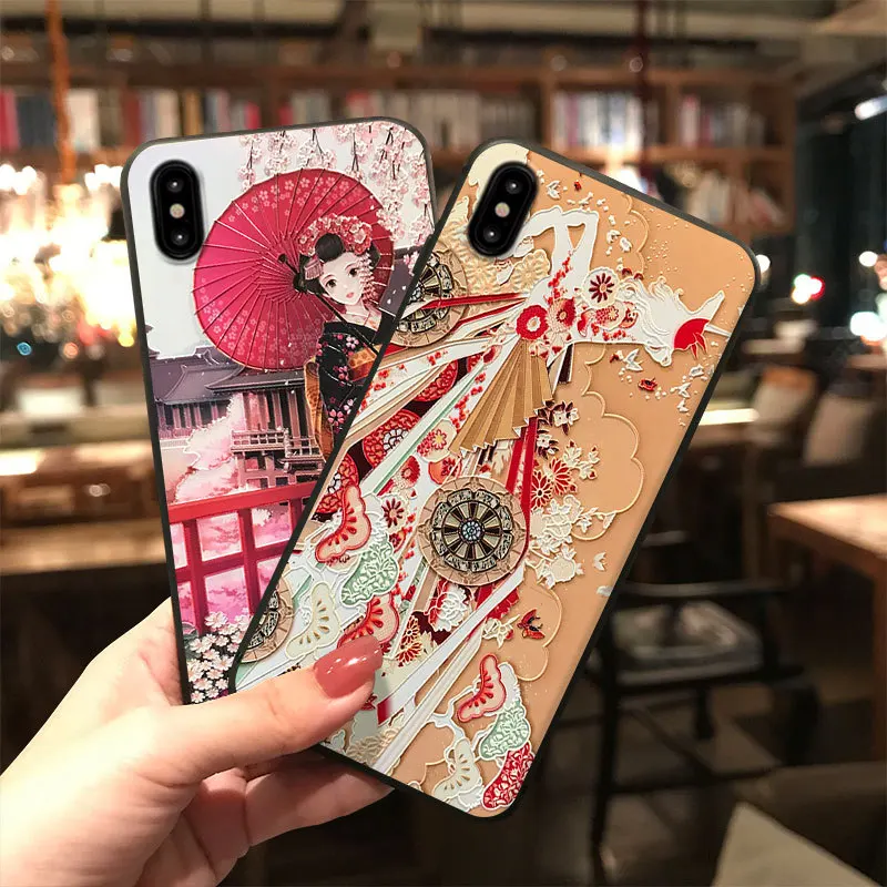 Японское кимоно девушка тисненый чехол для телефона для iPhone 6 6S 7 8 Plus X XS MAX XR Капа мягкая ТПУ задняя крышка для OPPO R15 R17 Coque