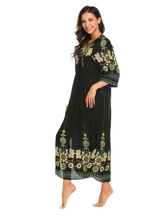 Ekouaer Long Nightgown Sleepwear Women Half Sleeve V-Neck Printed Pullover Loose Nightwear Dress Casual Home Clothes
