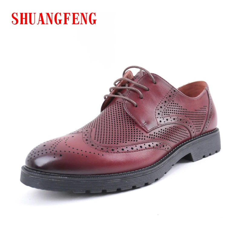 SHUANGFENG New 2018 Men Casual Shoes Genuine Leather Summer Breathable Holes Luxury Brand Lace up Man Footwear | Обувь