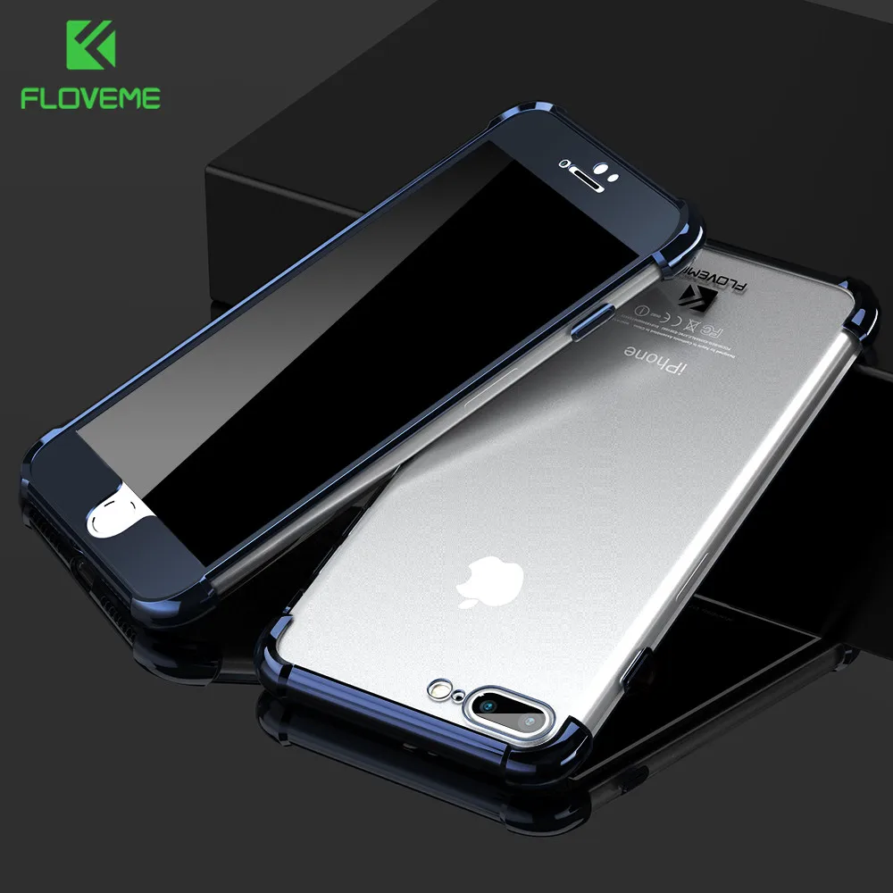 FLOVEME 360 Degree Case For iPhone 6 6s 7 8 Plus Phone Cases Shockproof Gold Plated Anti-knock Cover for X |