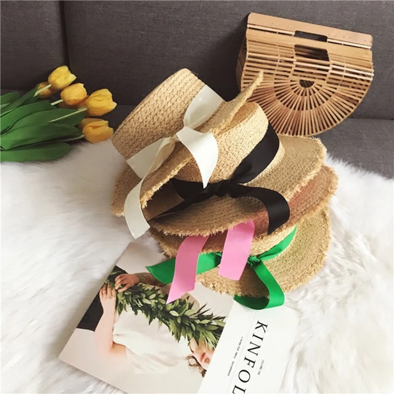 

Women Summer Raffia Flat Top Hat Handmade Weave Straw Sun Hat Spring Lady's Trip Ribbon Caps Girl Outdoor Leisure Beach Bow Hats