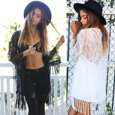 Long Sleeve Lace Cardigan Bikini Cover-Ups Beach Dress Crochet Black White Tassels Sunscreen Dresses Top Swimwear | Женская одежда