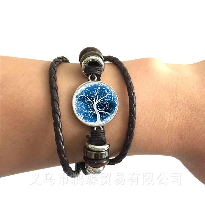 Life Tree Leather Bracelet Glass Cabochon Black/Brown 2 Color Trendy Statement Bangle Fashion Men Women Jewelry Gift | Украшения и
