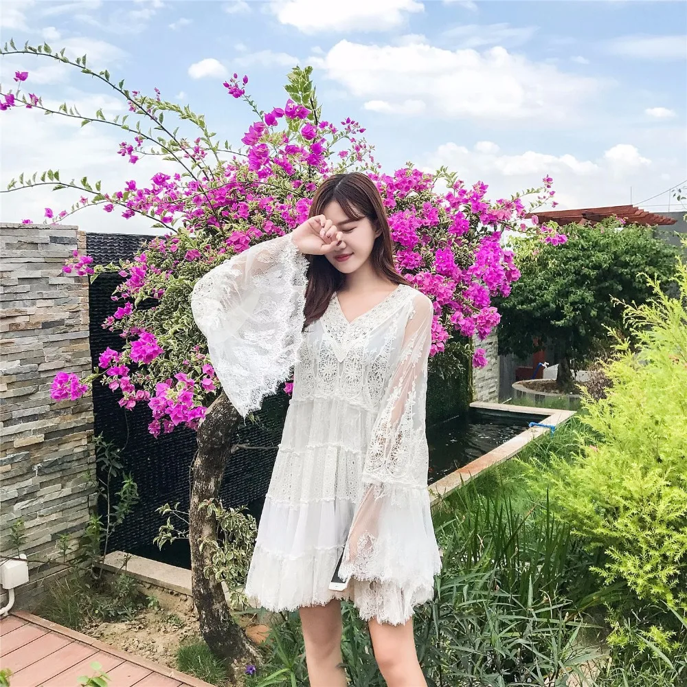 

FOLOBE Fashion Womens Beach Dresses Sexy See Through Lace Summer Chiffon Dresses Hollow Out Holiday vestidos S37