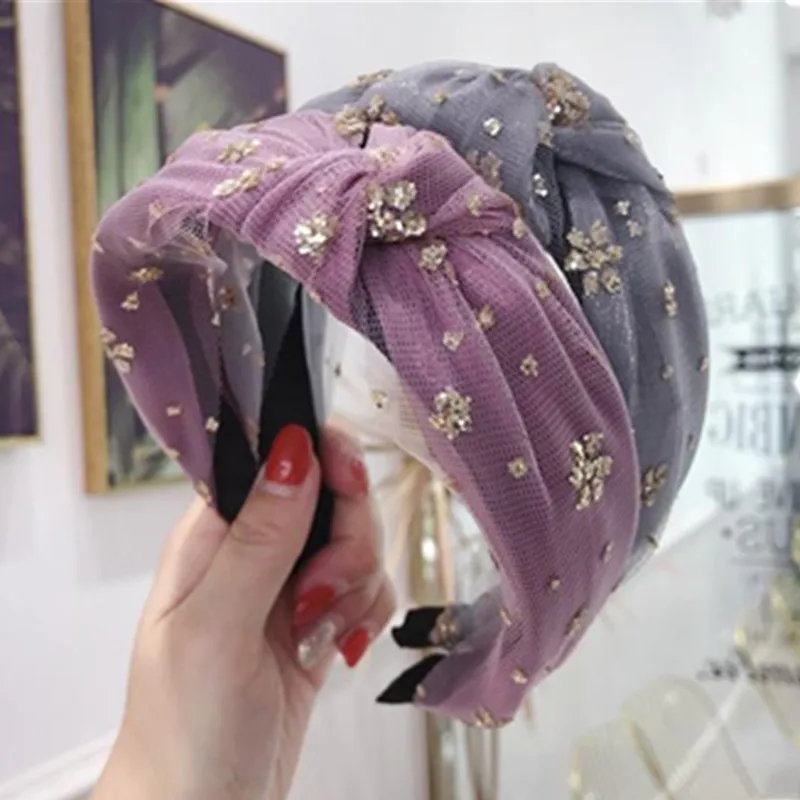 

Women Gold Sequins Headband Korean Style High End Shiny-Flowers Hairband Knot Wide Mesh Hair Hoop Adults Party Headwear