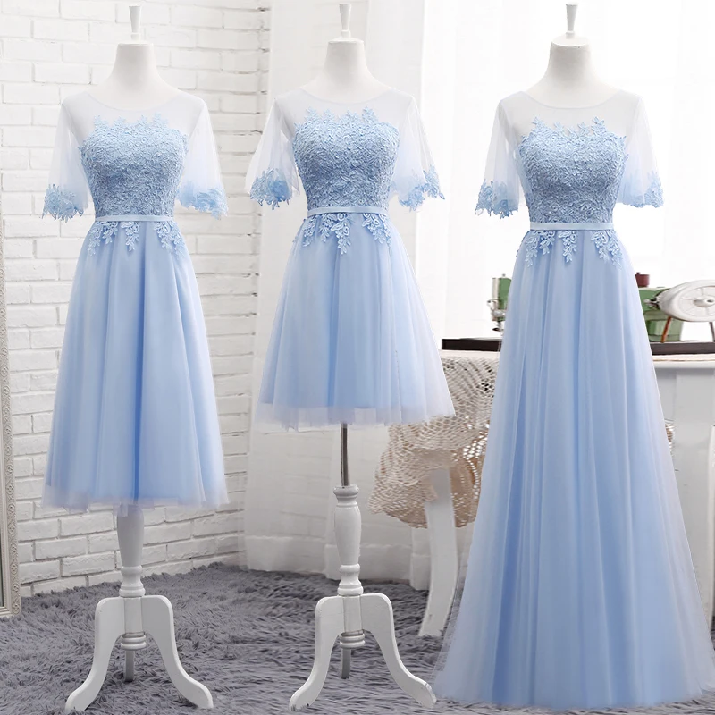 Robe De Soriee новые светильник синий платье подружки невесты короткий рукав кружево с