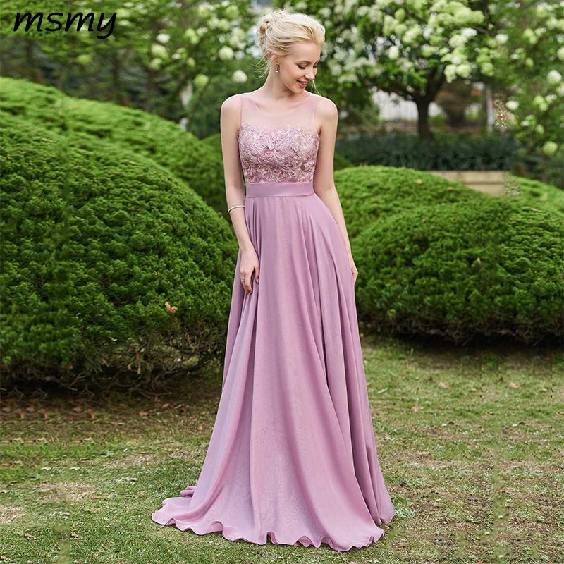 Лидер продаж пыльная роза Длинные платья подружек невесты шифон трапециевидной