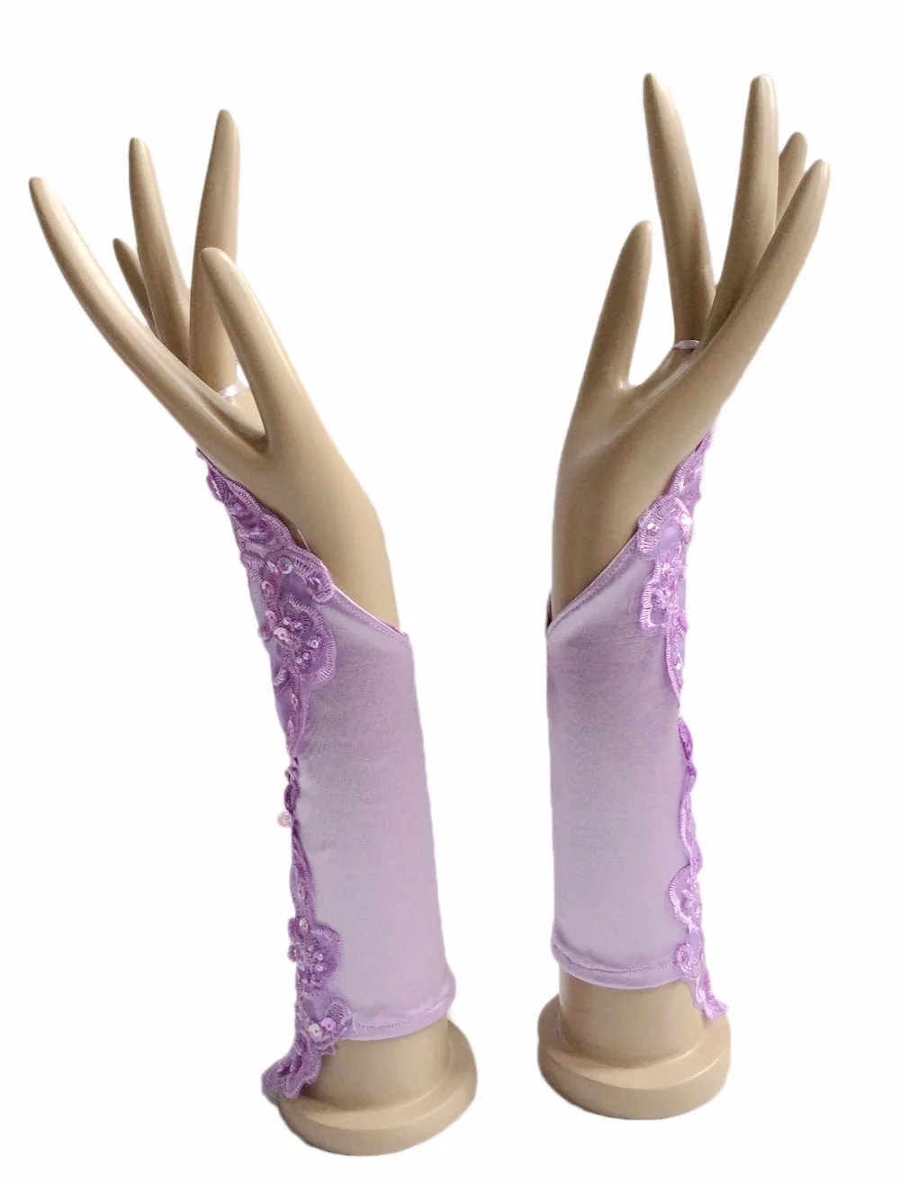 Перчатки свадебные кружевные без пальцев фиолетовые белые цвета слоновой