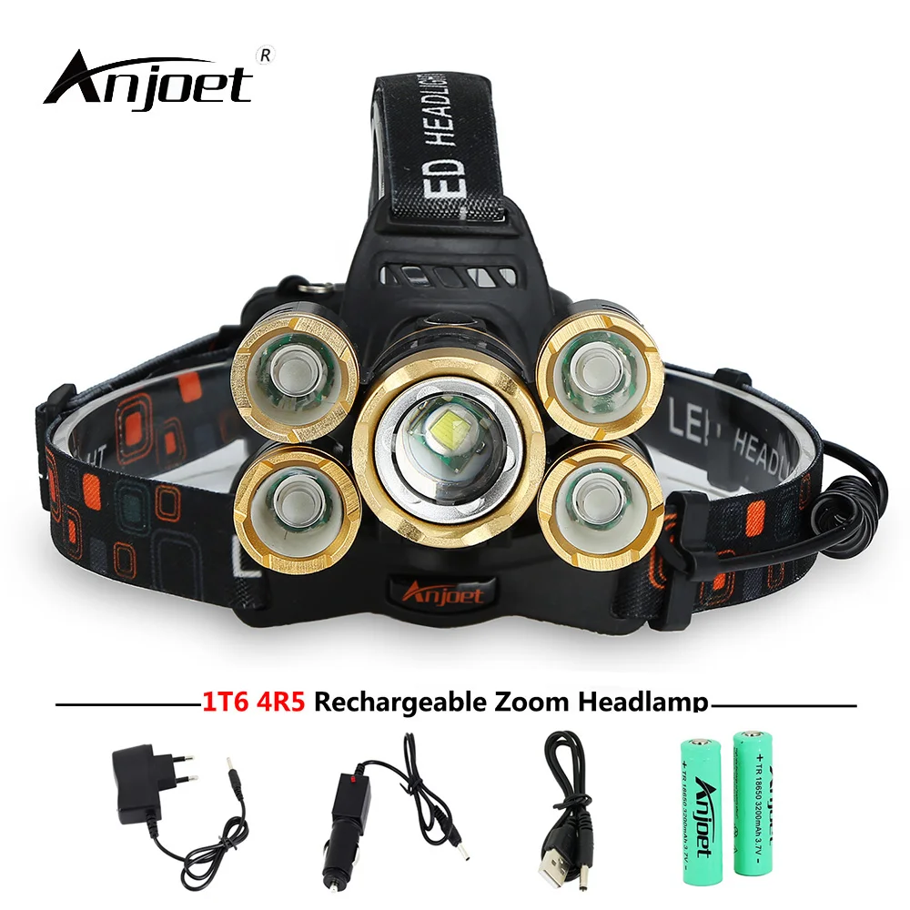 

ANJOET Led Headlamp 5 Leds Fishing Headlight XML T6 Q5 USB 18650 Battery Rechargeable Head Lamp Lanterns Torch+Charger