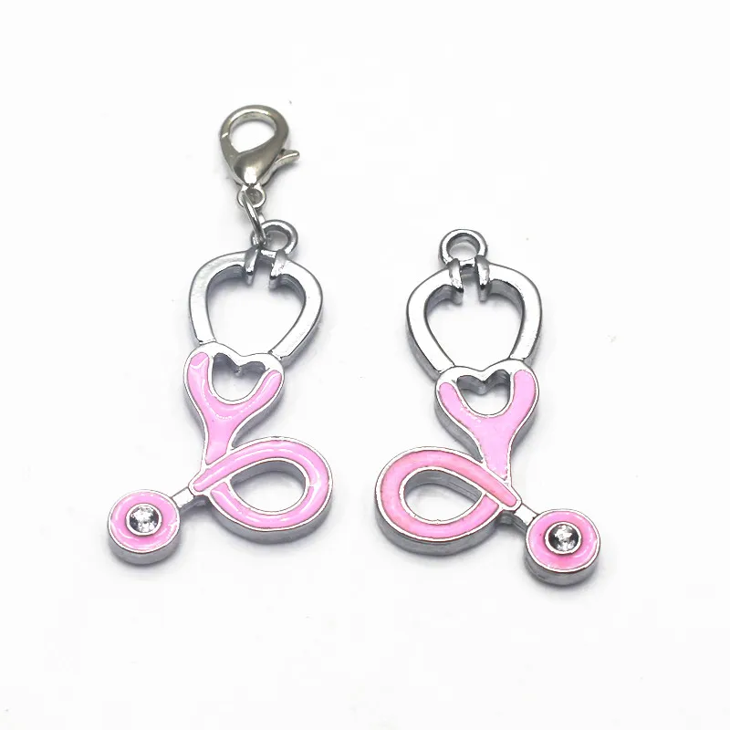 

20pcs/lot Pink Stethoscope Dangle Charms With Lobster Clasp Charms Fit DIY Bracelet Floating Charms Jewelry For Doctor Gift