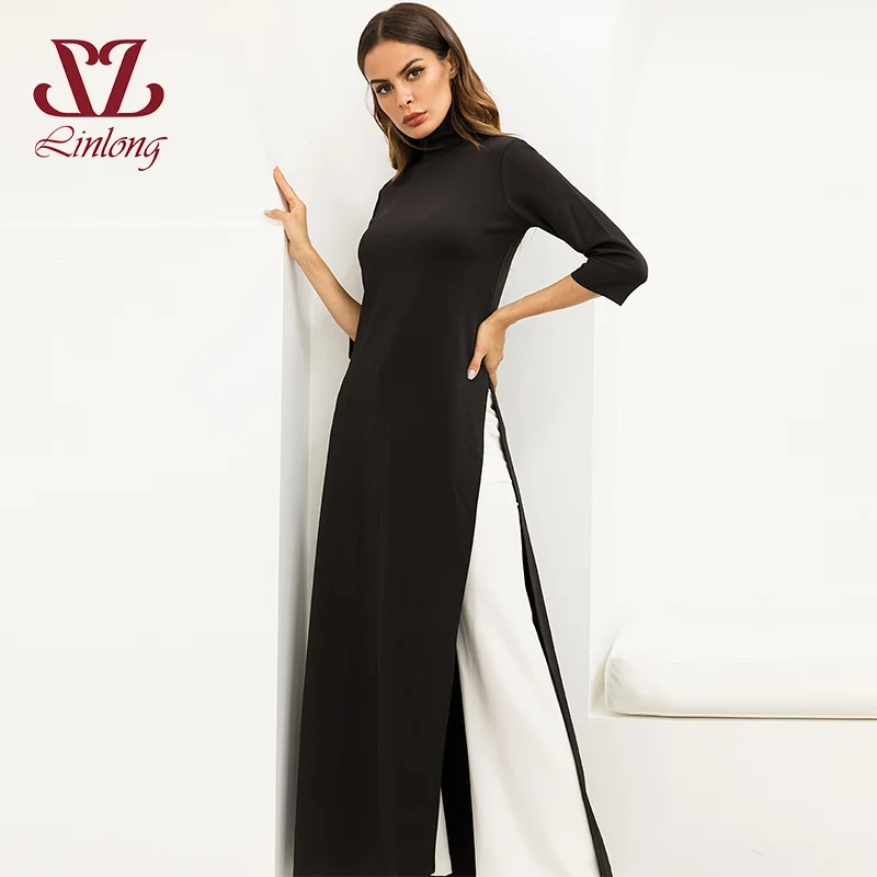 2018 женская одежда черный вилка случайные свободные платья осень трикотажные