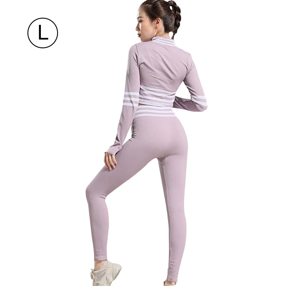 Новая мода костюм для йоги Tight с длинными рукавами Высокая талия бедра узкими полосками комплект спортивной одежды из 2х шт./компл. для женщин Фитнес Спорт