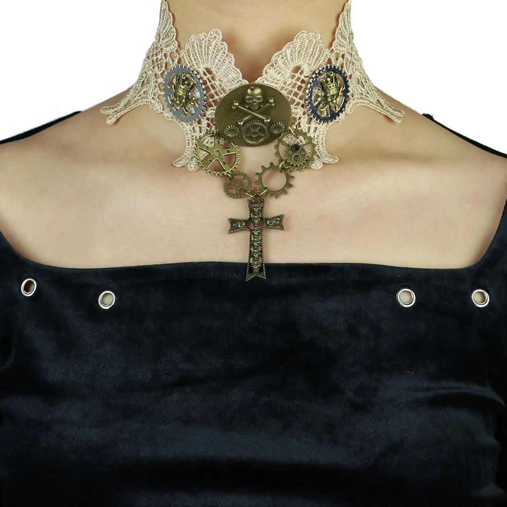 

Steam Punk Gear Women Lace Crystal Necklace Chain Design Charm Choker Necklace Sexy Hollow-out Flower Necklaces