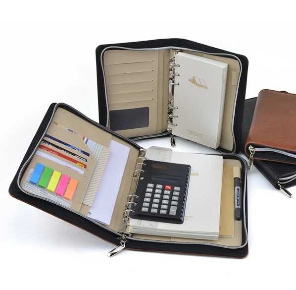 leather spiral notebook A5/A6 Zipper agenda planner organizer Multi-function Bring a calculator Business book | Канцтовары для