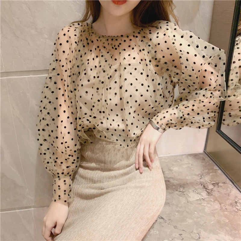 Женская блузка в горошек BGTEEVER элегантная прозрачная сетчатая с круглым вырезом и