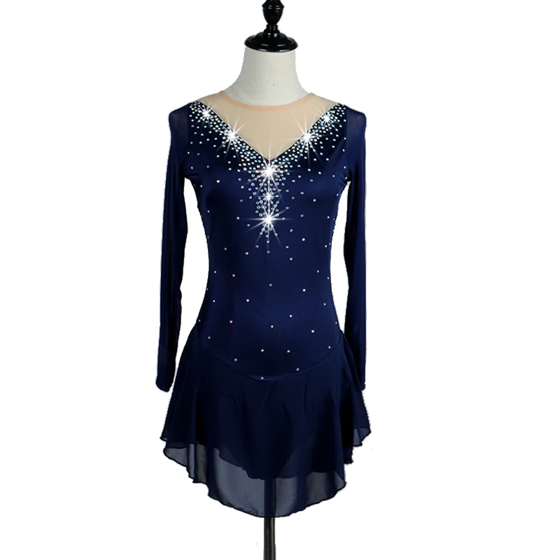 Платье женское для катания на коньках с блестками из синего спандекса|ballroom wear|latino