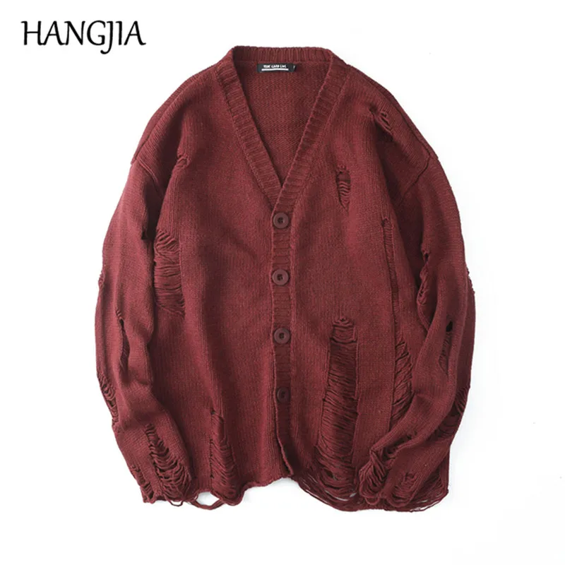 Black Red Ripped Sweaters Men's Streetwear Autumn Winter Hip Hop Hole Sweater Fashion Oversized Men Women All-match Knit Coats
