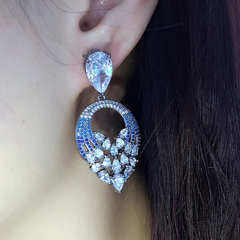 Женские серьги подвески с фианитами в форме капли|cubic zirconia dangling earrings|dangle earringswomens