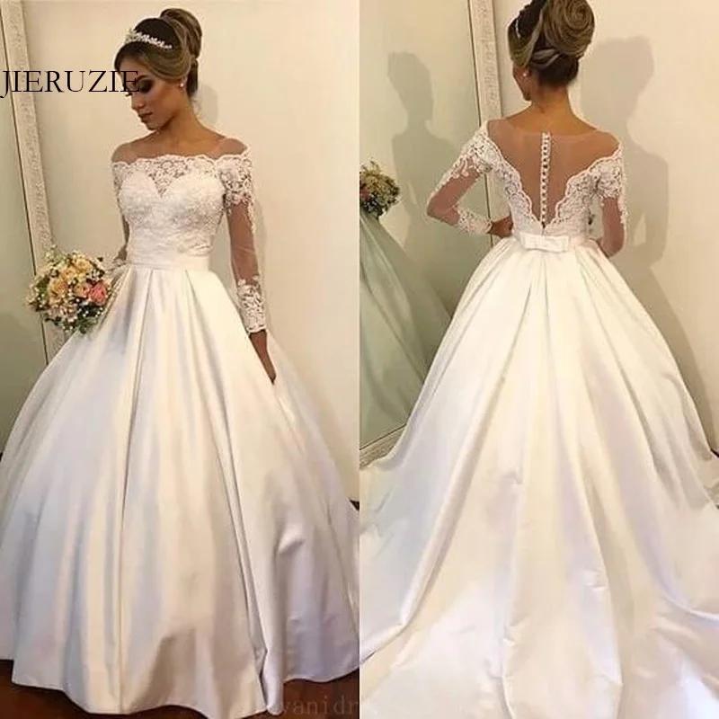 

JIERUIZE White Satin Wedding Dresses Lace Appliques Buttons Cheap Bridal Gowns Long Sleeves Bride Dresses Robe De Soiree