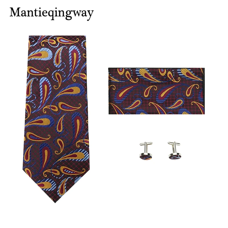 Mantieqingway полиэфир галстук-платок запонки набор для мужчин Свадебный Пейсли галстук носовой платок квадратный Запонки Набор