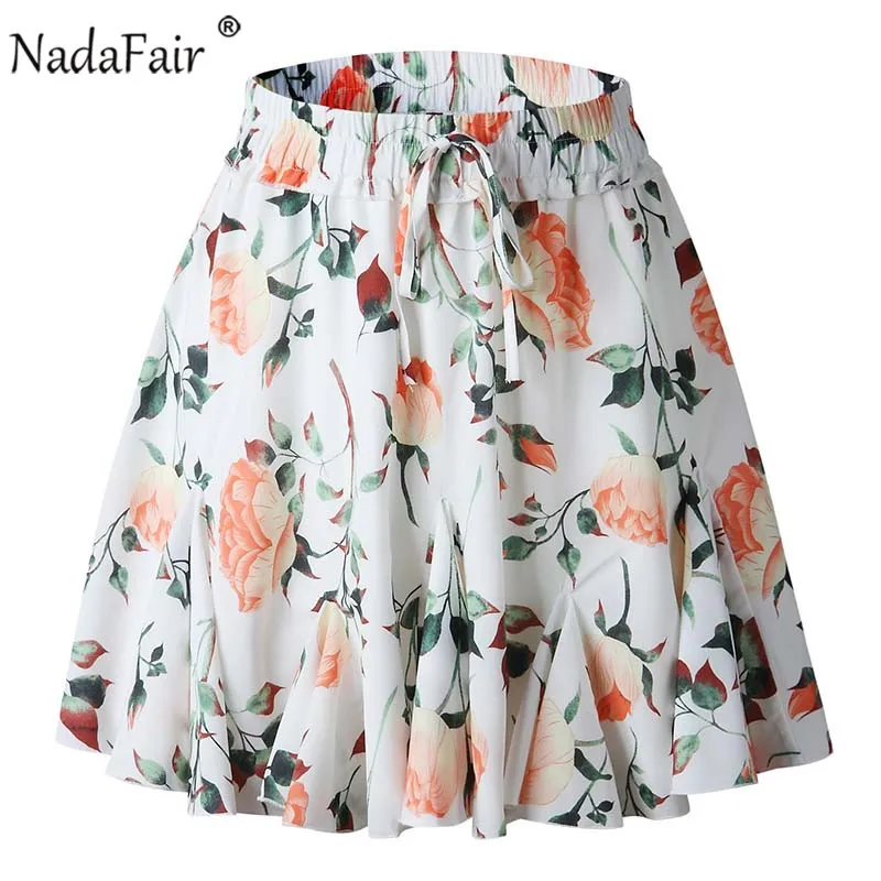 Nadafair плиссированные юбки с цветочным принтом, женские летние юбки в горошек, эластичные юбки с высокой талией и оборками, плиссированные мини-юбки трапециевидной формы