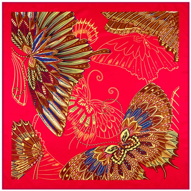 

100cm * 100cm 2017 high quality women silk scarf Colorful feather butterfly lady heavy silk twill scarves women shawl