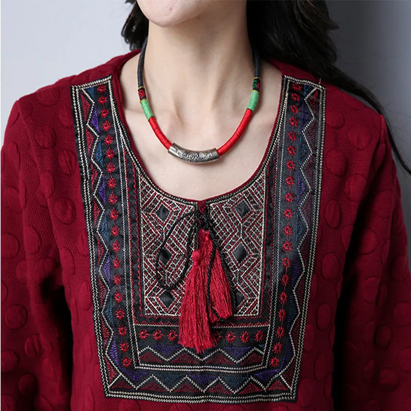 

plus size long dress new art fan retro ethnic style round neck cotton jacket with cotton warm loose long section thin dress