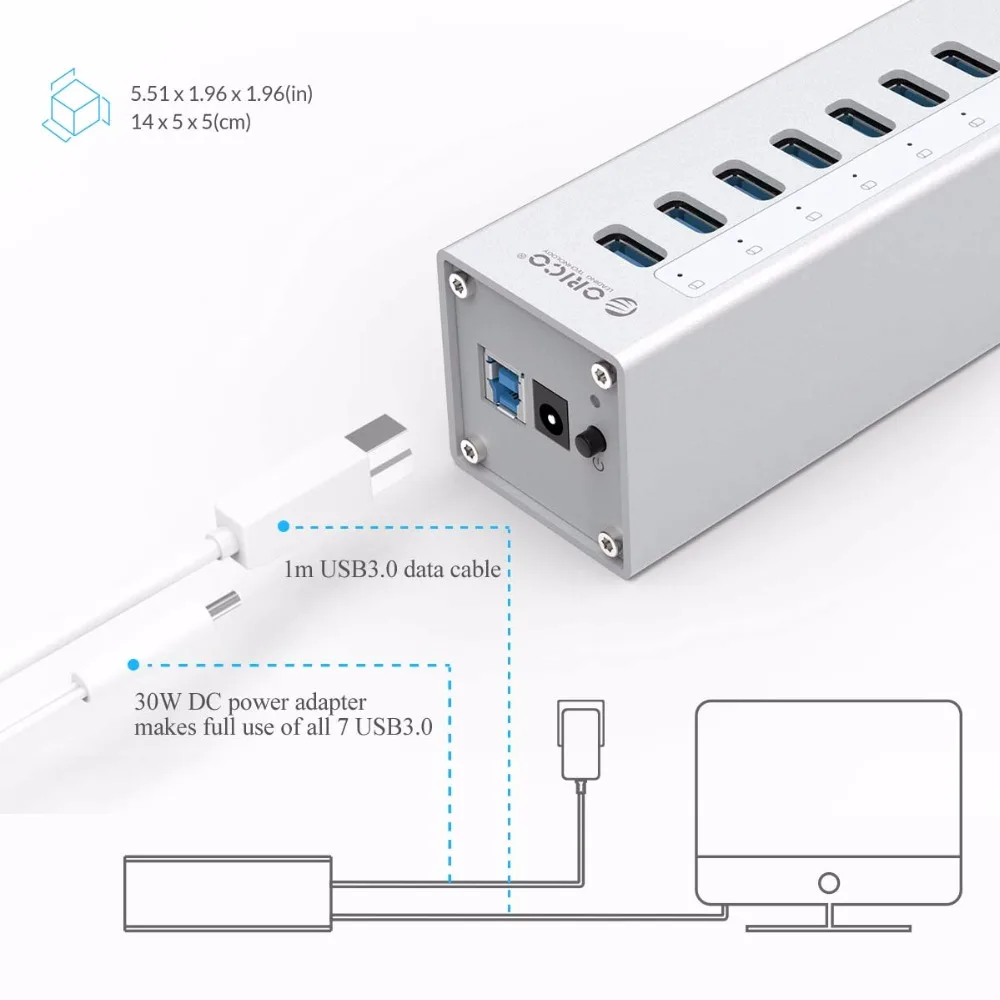 Высокоскоростной Алюминиевый Концентратор ORICO A3H7 с 7 портами USB 3 0 для ПК/ноутбука