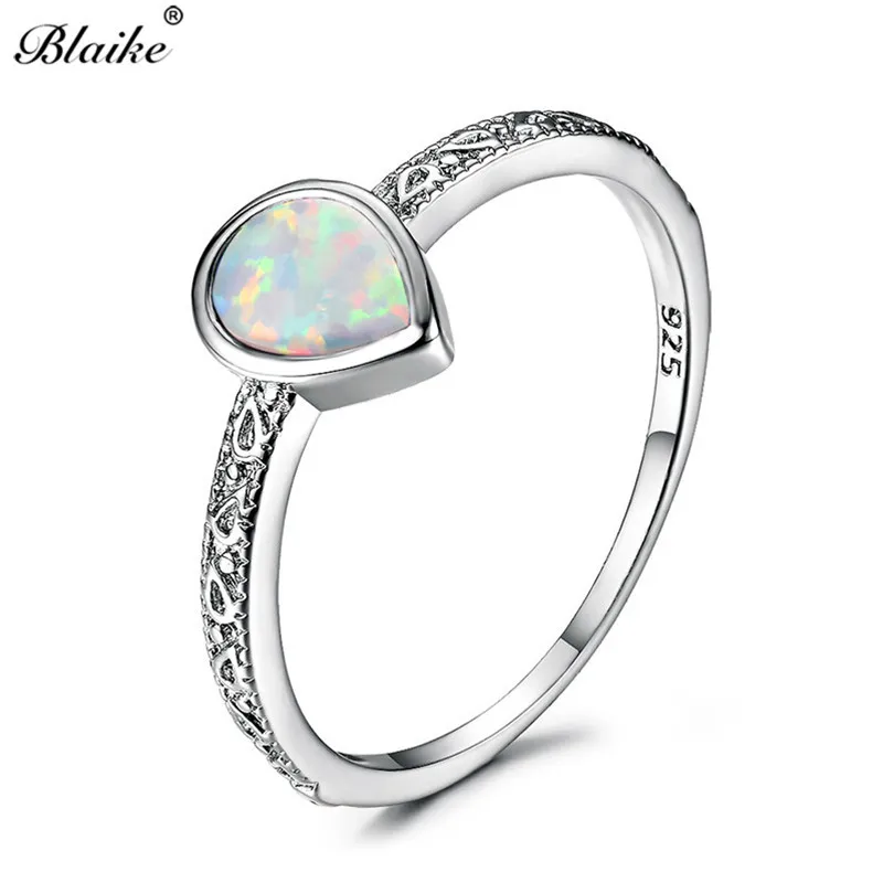 White opal Blaike 925 серебро заполненные белый/синий/фиолетовый опал кольца для женщин Мода капли воды камень кольцо подарки Винтаж Свадебные украшения - Цвет основного камня: White opal