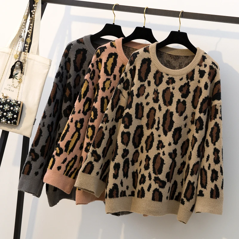 HAMALIEL Runway Designer Plus Size Knitted Sweater And Pullovers Fashion Thick Leopard Print Loose Tops Casual Oversize Jumper | Женская