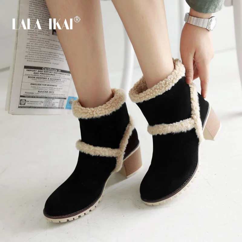 LALA IKAI/женские зимние ботинки с коротким плюшем круглым носком без застежки на